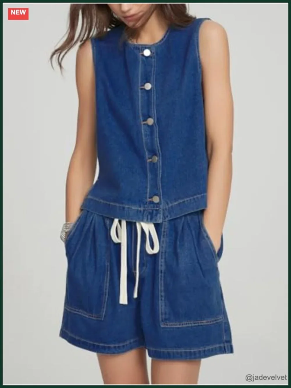 Sleeveless Denim Vest with Elastic Waist Baggy Jean Shorts Matching Set